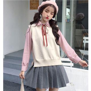Pinstripe Shirt / Sweater Vest / Mini Pleated A-line Skirt