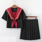 Sailor Collar Shirt / Cardigan / Pleated Skirt / Set