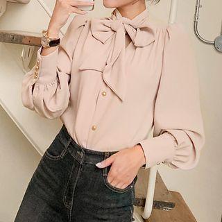 Puff-sleeve Ribbon Buttoned Blouse