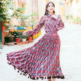 Set: Patterned Long-sleeve Top + Midi Skirt