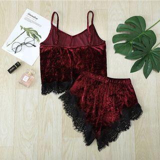 Set: Lace Trim Velvet Cropped Camisole Top + Shorts
