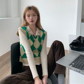 Long-sleeve Knit Top / Argyle Knit Vest