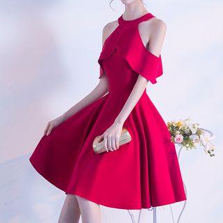 Ruffle Open Shoulder Cocktail Dress