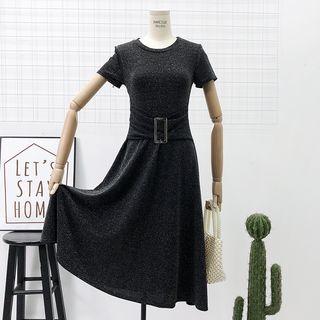 Glitter Buckled-waist A-line Dress