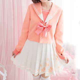 Bow Accent Long Sleeve Top / Floral Print Pleated Skirt