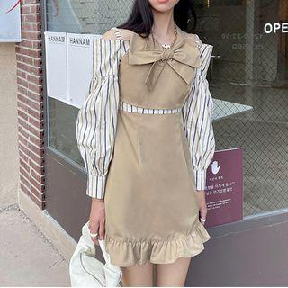 Long-sleeve Off Shoulder Striped Panel Dress