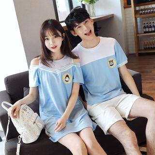Couple Matching Short-sleeve Cutout-shoulder Dress / T-shirt