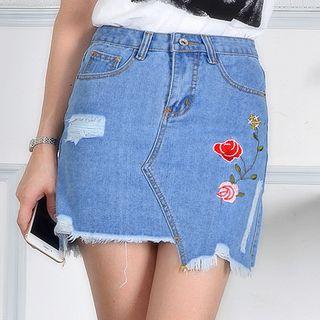 Floral Embroidered Asymmetric Denim Skirt