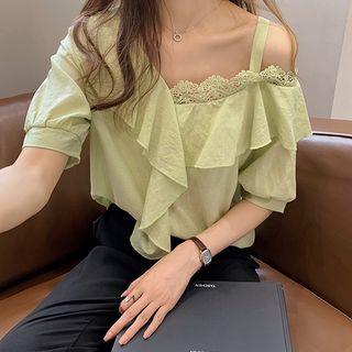 Lace Trim Off-shoulder Short-sleeve Blouse