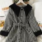 Fleece-colar Houndstooth Wool Jacket With Sash