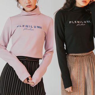 Mock Neck Long-sleeve Lettering T-shirt