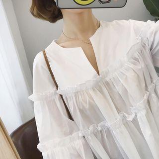 Long-sleeve Notch Neck Ruffle Top