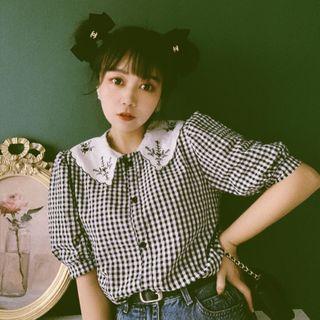 Embroidered Collar Short Sleeve Gingham Shirt