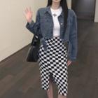Denim Cropped Jacket / Checkerboard Midi Pencil Skirt