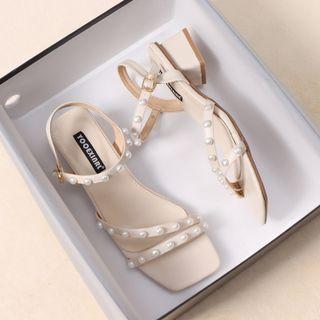Block Heel Faux Pearl Studded Sandals