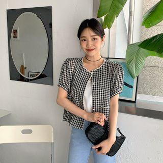 Puff-sleeve Gingham Cardigan