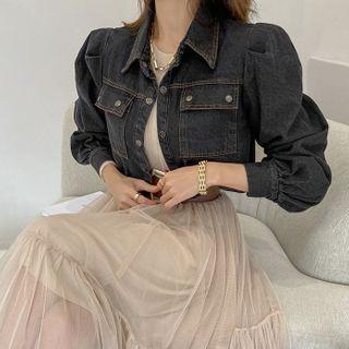 Bishop-sleeve Crop Denim Jacket