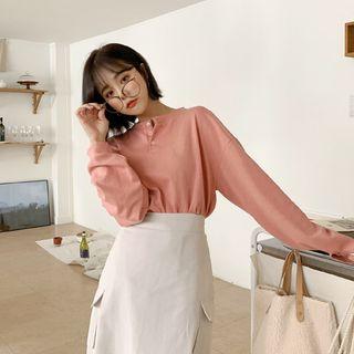 Henley-neck Boxy Sweatshirt