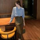 Set: Long Sleeve Plain Shirt + Midi Pencil Skirt