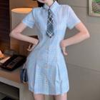 Short-sleeve Plaid Shirt Dress / Tie