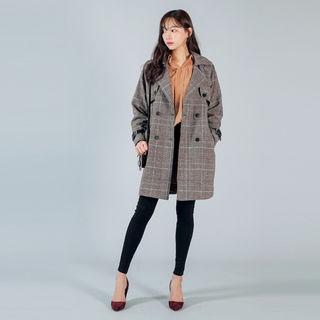 Belted Glen-plaid Winter Trench Coat