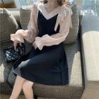 Long-sleeve Ribbon Accent Two-tone A-line Dress