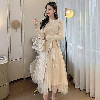 Long Sleeve Front-slit Knit Dress + Mesh Skirt