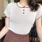 Peter-pan Collared Knit Short-sleeve Top / Color-block Striped Skirt