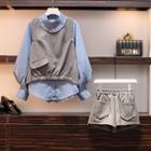 Set: Band Collar Blouse + Dip Back Vest + Shorts