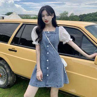 Square-neck Lace Puff-sleeve Panel Denim Dress