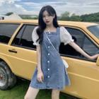Square-neck Lace Puff-sleeve Panel Denim Dress