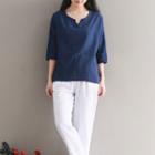 Split-neck Elbow-sleeve T-shirt