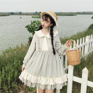 Long-sleeve Ruffle Trim Mini A-line Dress Light Grayish Green - One Size