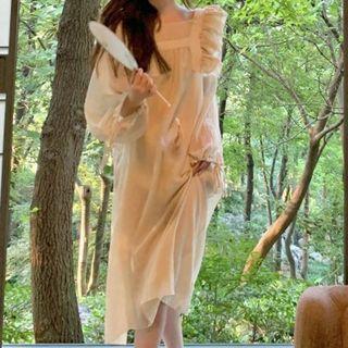 Long-sleeve Ruffle Trim Dress Almond - One Size