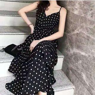 Spaghetti Strap Polka Dot A-line Midi Tiered Dress