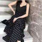 Spaghetti Strap Polka Dot A-line Midi Tiered Dress