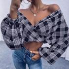 Plaid V-neck Wrap Front Long Sleeve Cropped Top