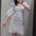 Elbow-sleeve Square-neck Mini Sheath Dress
