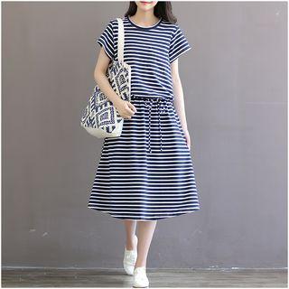 Short-sleeve Striped Midi A-line T-shirt Dress