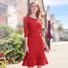 Elbow-sleeve Lace Ruffle Hem Dress