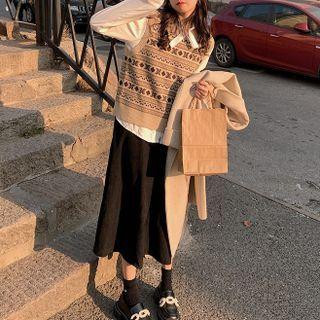 Patterned Sweater Vest / Plain Blouse / Midi A-line Skirt
