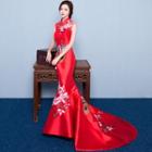 Embroidered Sleeveless Mandarin Collar Trumpet Evening Gown