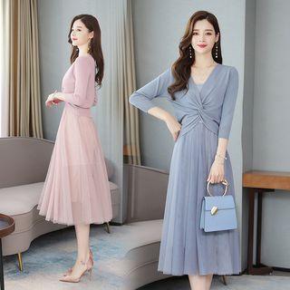 Set: 3/4-sleeve Knit Top + Strappy Midi A-line Dress