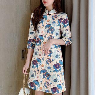 Elephant Print Elbow-sleeve Shift Qipao