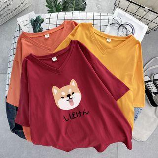 Short-sleeve Dog Print V-neck T-shirt