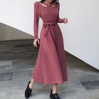 Long-sleeve Cut Out Midi A-line Dress
