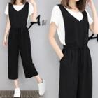 Set: Plain Short Sleeve T-shirt + Cropped Pinafore Jumpsuit