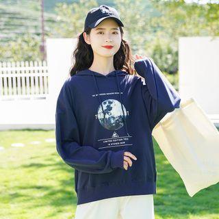 Moon Print Hoodie Navy Blue - One Size