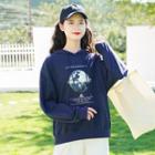 Moon Print Hoodie Navy Blue - One Size