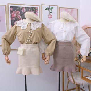 Lace-collar Plain Blouse